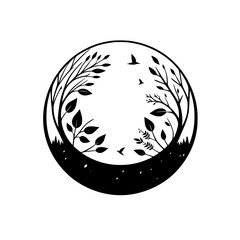 Silhouette Nature Scene: Birds, Trees, and Circle Composition.
