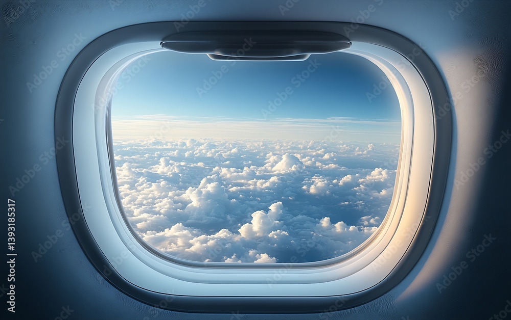 Poster airplane window view above the clouds on a sunny day travel and aviation concept peaceful flight abo