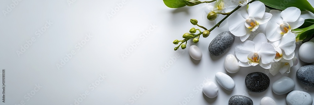 Poster tranquil spa still life white orchids smooth stones and green buds on a white surface for relaxation
