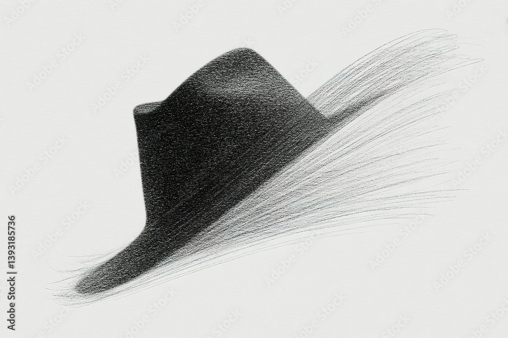 Poster artistic representation of a black hat in motion with smooth brush strokes creating a dynamic effect