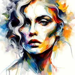 Impressionistic abstract portrait of a woman with swirling colorful brushstrokes and silver hair