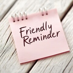A pink spiral - bound sticky note with "Friendly Reminder" hand - written in black, placed on a light wooden surface, ideal for personal planning apps, gentle reminder - themed designs, or motivationa