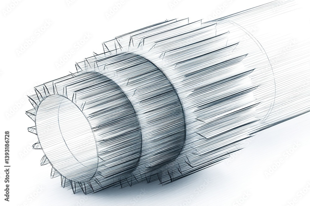 Poster technical illustration of a mechanical component highlighting intricate design and structural featur