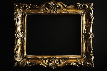 Ornate gold picture frame with detailed carvings against a dark black background in studio shot