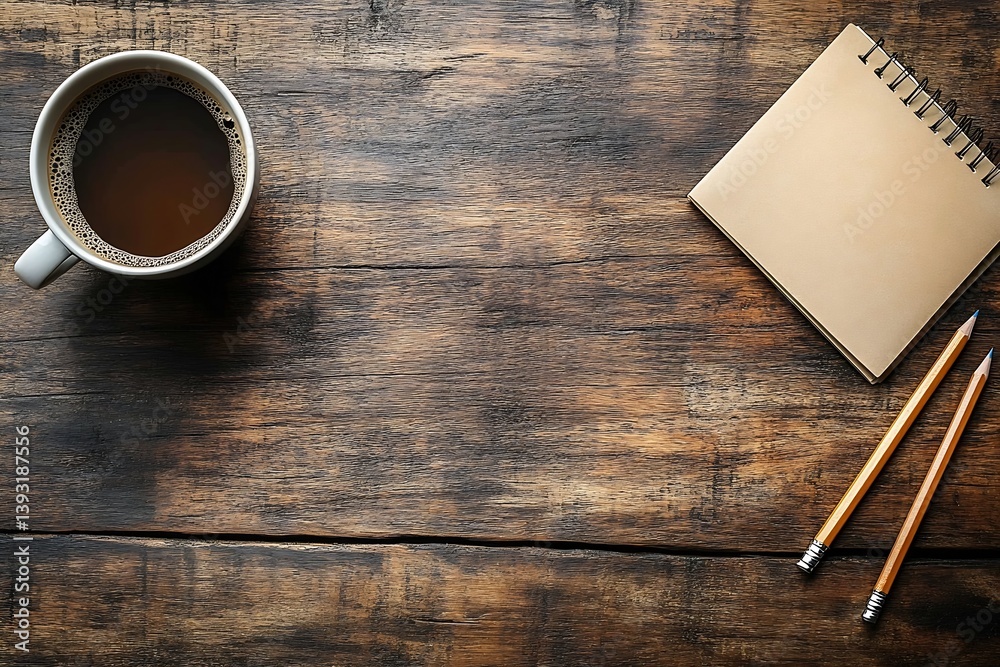 Aufkleber Cozy Workspace Flat Lay with Coffee Cup Notepad and Pencils on Rustic Wood Tabletop Still Life : Generative AI