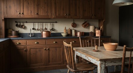 Rustic Kitchen Interior Design with Copper Cookware - Warm, inviting kitchen. Vintage copper pots and pans, wooden cabinets, and a rustic table evoke a cozy, homey atmosphere. Simple elegance