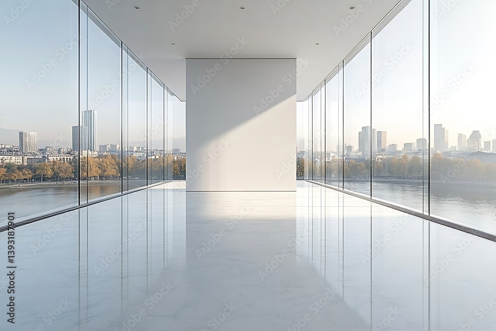 Poster modern office interior with city view and large windows showcasing urban skyline and architectural d