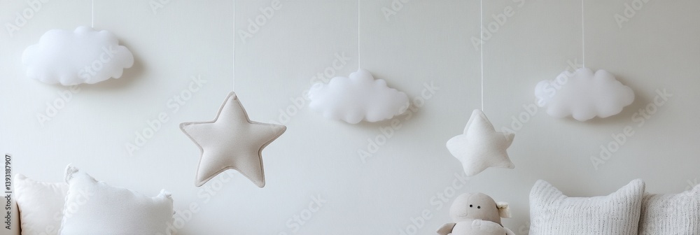 Fototapete Delicate clouds and stars suspended from invisible strings create a soothing nursery atmosphere for a peaceful space