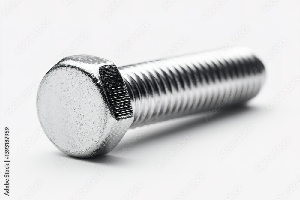 Poster close-up view of a metallic bolt lying on a smooth surface highlighting its thread patterns and head