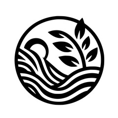Minimalist Black & White Nature Logo: Sun, Water, and Plant