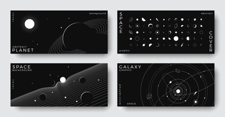 Set of abstract space horizontal backgrounds. Line art galaxy, universe, planet, solar system. Science future concept. Astronomy minimalist design for cover, poster, layout, banner, flyer, brochure