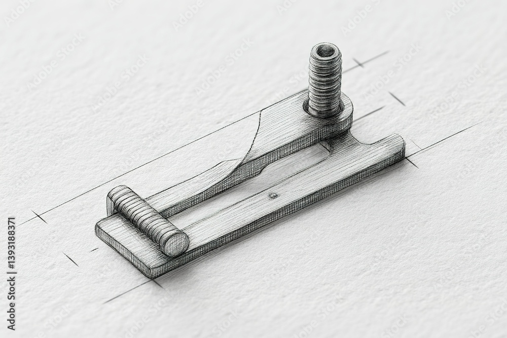 Poster detailed sketch of a mechanical clamp component designed for precision engineering applications and 