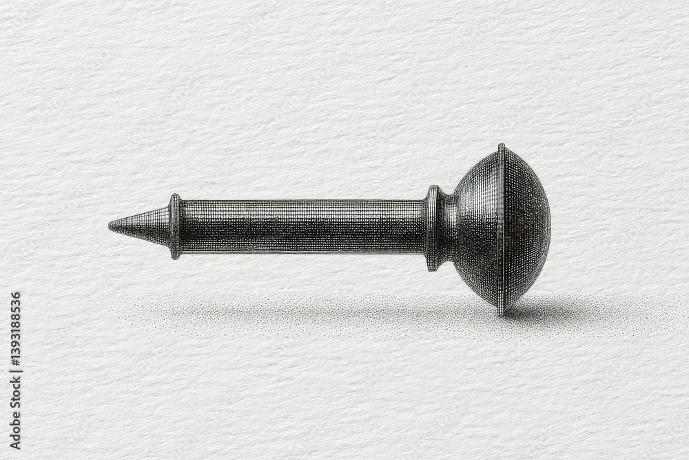 Poster unique metallic object with pointed end and rounded body positioned on textured surface in bright li