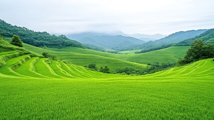 Fototapeta premium Lush terraced rice paddies cascade down a valley
