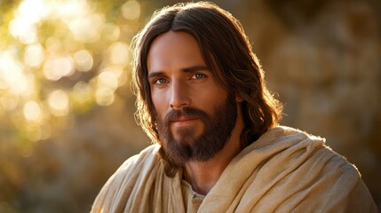 Jesus Christ, serene and thoughtful gaze, warm lighting