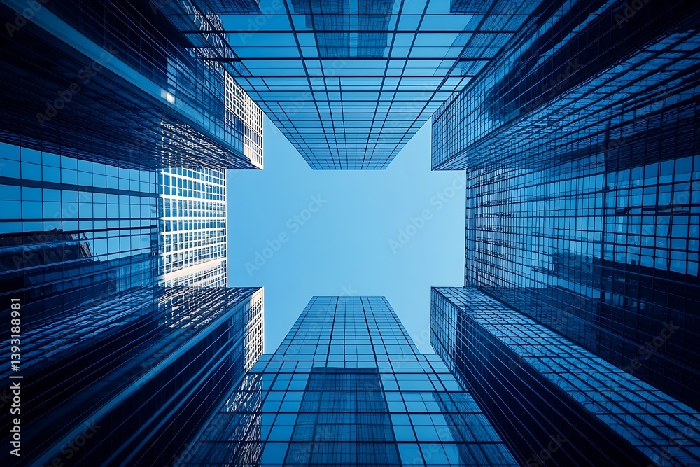 Poster skyscrapers seen from below against clear blue sky modern architecture and urban perspective view : 