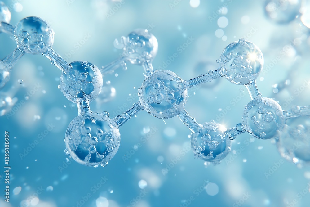 Poster Molecular Structure Model with Transparent Spheres and Bonds Scientific Visualization of Molecules on Blue Background : Generative AI