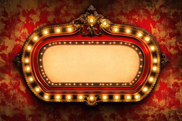 Ornate vintage theater sign with glowing lights against a textured red and gold wallpaper background