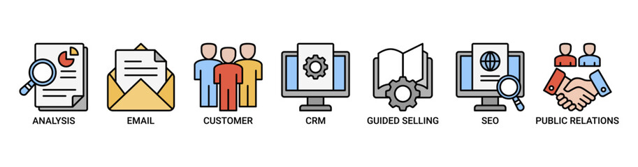 Inbound marketing icon set. Containing icon of analysis, email, customer, crm, guided selling, seo and public relations icons. Outline color vector symbol background.