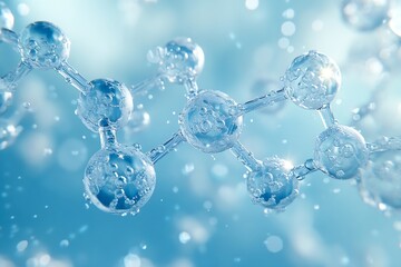 Molecular Structure Model with Transparent Spheres and Bonds Scientific Visualization of Molecules on Blue Background : Generative AI