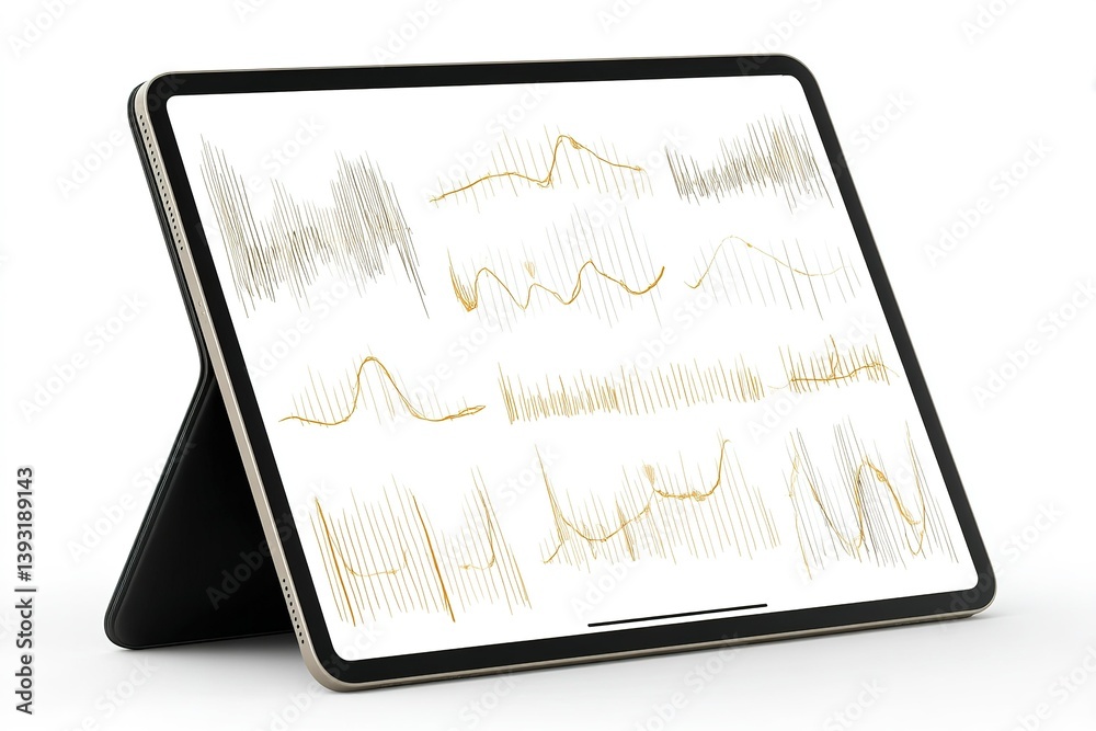 Poster digital display shows various wave patterns during an audio analysis session in a modern workspace e