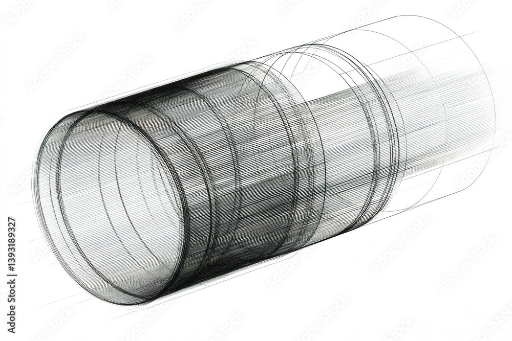 Poster detailed drawing illustrating a cylindrical object with intersecting lines showcasing depth and stru