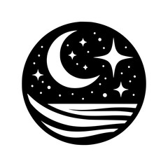 Celestial Circle: Moon, Stars & Ocean Silhouette in Black & White
