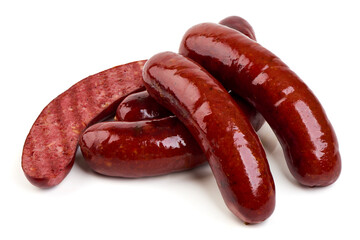 German Smoked Sausages, isolated on white background.