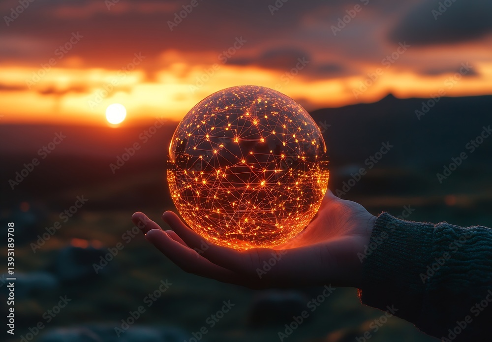 Poster hand holding glowing network orb at sunset demonstrating global connectivity and futuristic technolo