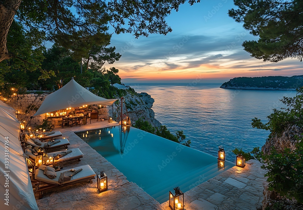 Poster elegant poolside setting with cozy tents and lanterns by the serene coastline at sunset : generative