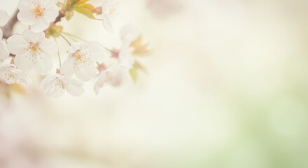 Fototapeta premium Serene Spring Blossoms: Soft Focus Cherry Flowers - Delicate cherry blossoms in soft focus, symbolizing spring, renewal, beauty, tranquility