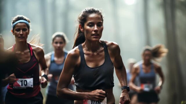 Dynamic video scene of runners in a misty forest, captured with a low-angle shot, emphasizing determination and motion in a natural setting.