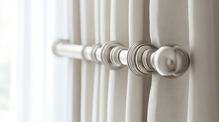 Close-up of elegant, light beige curtains with a silver curtain rod and finials.