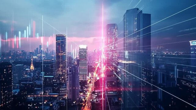 Futuristic cityscape with digital lines and data streams overlay, connecting the world - Powered by Adobe