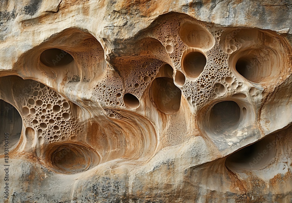 Poster Intricate details of unique rock formations featuring bubblelike cavities set against a rugged texture : Generative AI