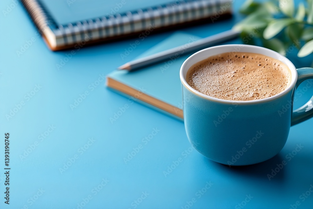 Aufkleber cozy coffee break flat lay turquoise mug with notebook pencil and greenery on a minimalist blue back