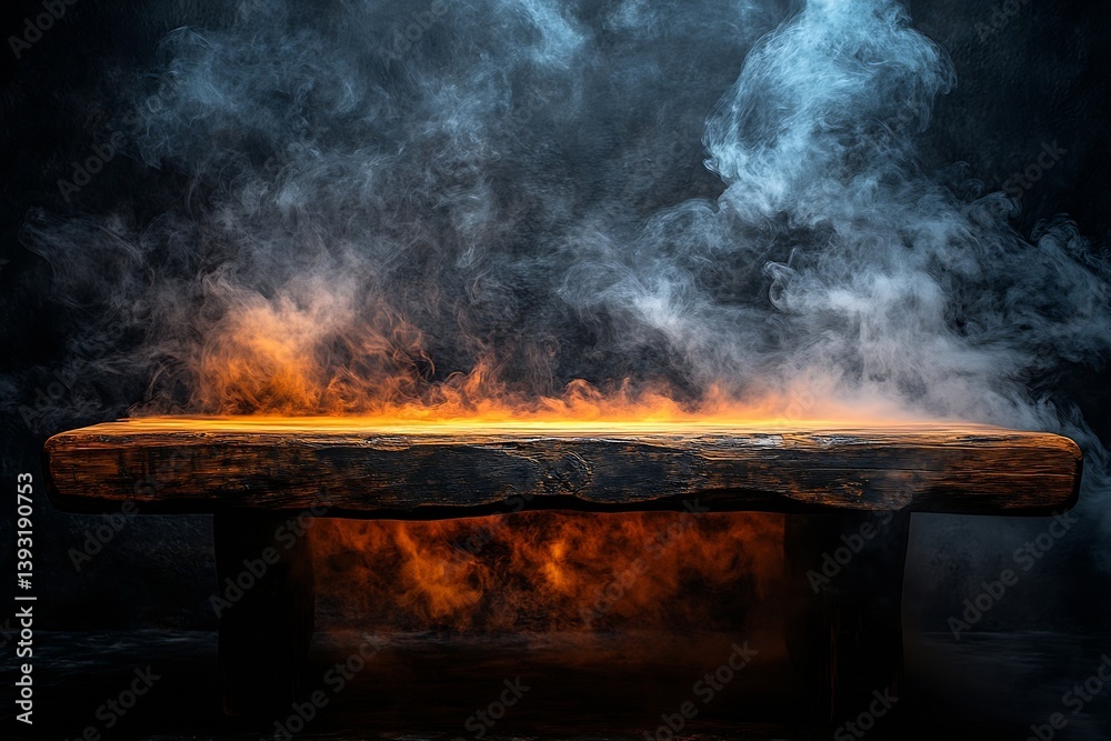 Poster mystical glowing wooden table with rising smoke and fire dramatic scene for product display or fanta