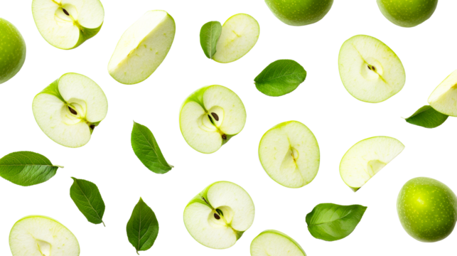 Sliced green apples with leaves on black background, cut out transparent