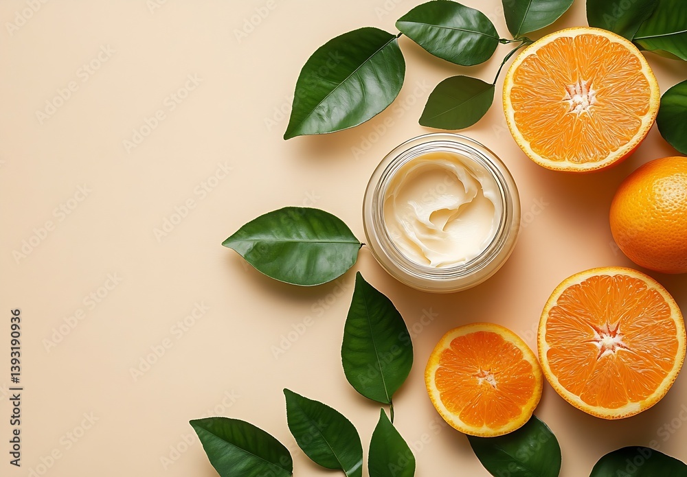 Poster natural orange slices and fresh cream in a stylish setting with green leaves for a refreshing look :