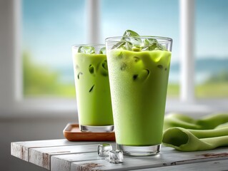 Refreshing Matcha Latte in Iced Glasses on a Bright Airy Table with Natural Light and Green Background