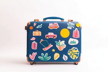 A blue suitcase covered in colorful travel stickers against a plain white background studio shot