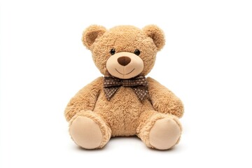 Obraz premium A fluffy brown teddy bear with a bow tie sitting upright on a white background looking directly forward