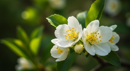 Obraz premium Soft White Blossoms Close Up - Delicate white flowers, vibrant yellow stamens, lush green leaves, sunlight, blurred background. Symbolizing purity, new beginnings, nature's beauty, hope, serenity