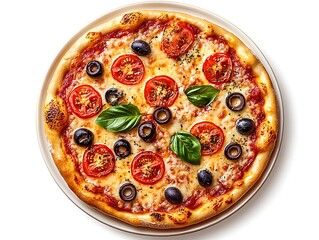 Delicious pizza adorned with tomatoes olives cheese and herbs