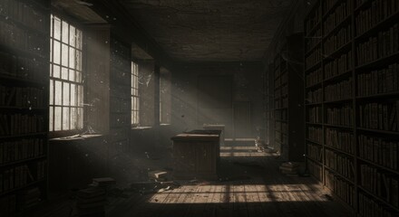 Sunlit Dust Motes in Abandoned Library - Sunbeams illuminate dust motes in a long, deserted library, highlighting rows of aged bookshelves
