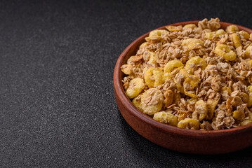 Flakes, chocolate balls and dried fruit for a hearty breakfast