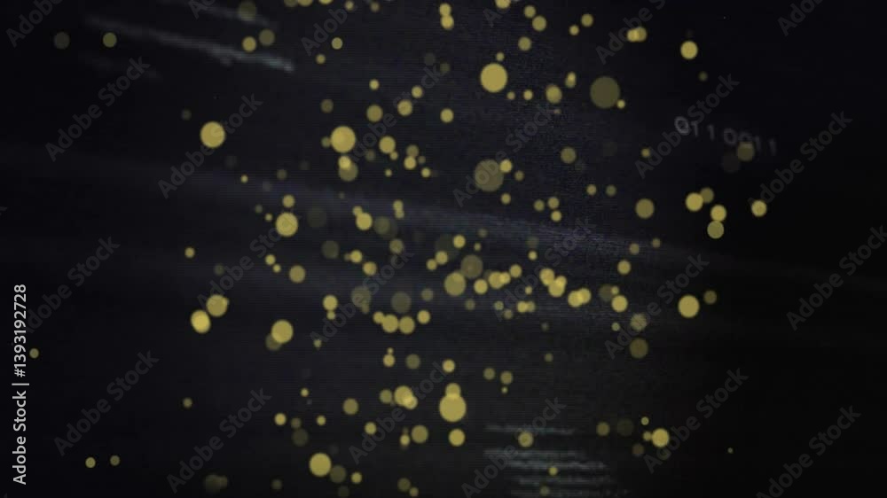Poster floating golden particles over dark background with faint binary code animation
