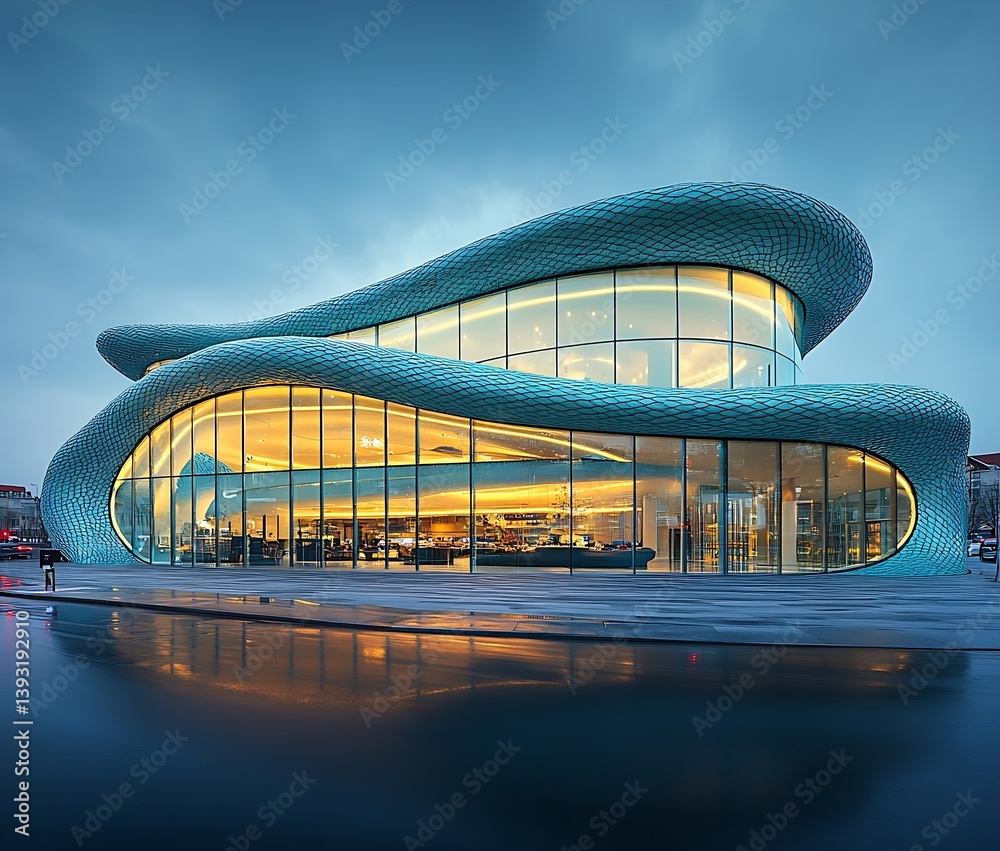 Leinwandbilder stunning modern architecture glass building with curvilinear design and wet pavement reflection at t