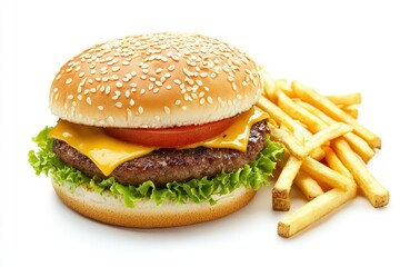 Classic Cheeseburger with French Fries on White Background for Menu
