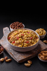 Flakes, chocolate balls and dried fruit for a hearty breakfast